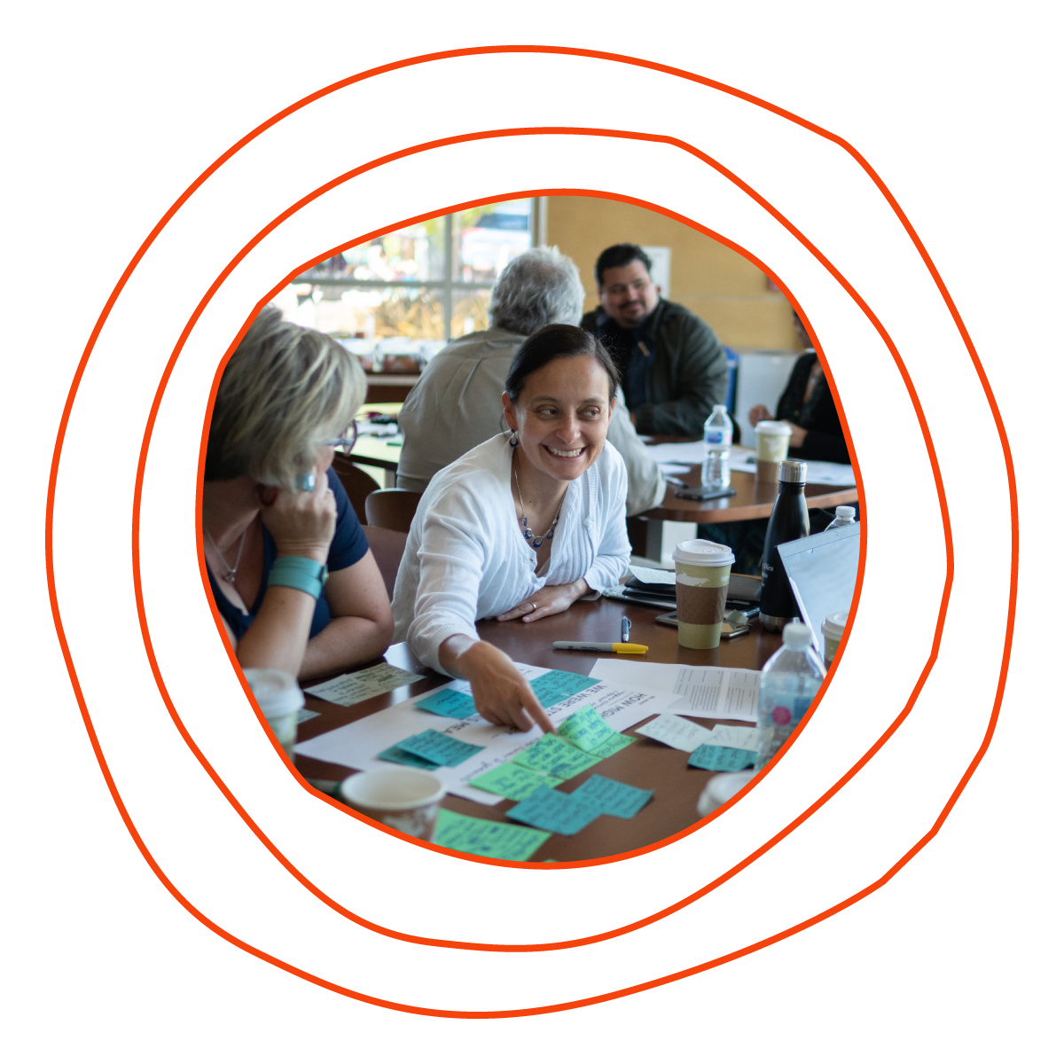 At a workshop, folks are seated at various tables in small groups. A woman, dressed in a white cardigan, smiles warmly as she gestures toward colorful sticky notes covered in ideas on the table.